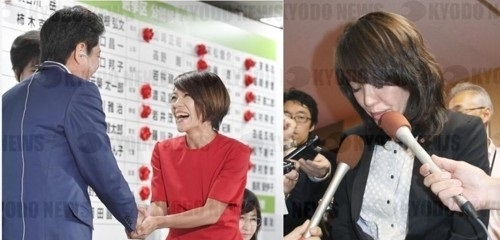 사진=27일 발간된 주간신조(週刊新潮) 최신호에 의해 유부남 시의원과의 불륜 의혹이 제기된 자민당 소속 이마이 에리코(今井繪理子·33) 참의원 의원. 사진은 작년 7월 당선된 이후 아베 총리와 악수하는 모습(왼쪽)과 27일 기자회견에서 불륜 의혹에 대해 사과하는 장면. 연합뉴스 제공.
